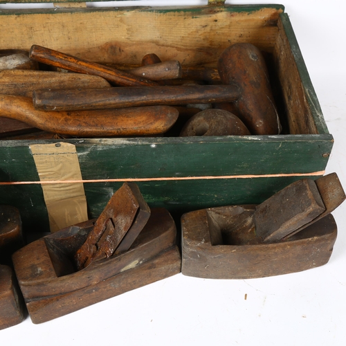 407 - A box of lead worker's tools, bobs, and various woodworking planes