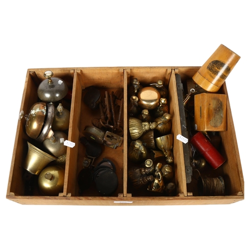 408 - Brass desk bells, Antique keys, magnifiers, crinoline lady bells, bicycle bell, Mauchline Ware boxes... 