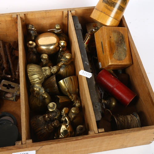 408 - Brass desk bells, Antique keys, magnifiers, crinoline lady bells, bicycle bell, Mauchline Ware boxes... 