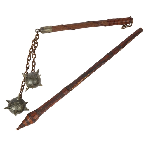 413 - A Japanese short sword and scabbard, length overall 61cm, and a reproduction flail