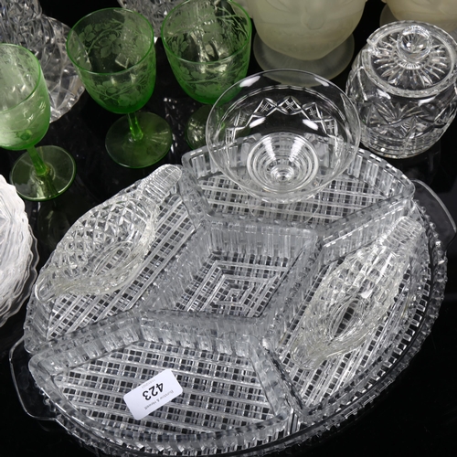 423 - Mint sauce jugs, cut-crystal vases, engraved green goblets etc