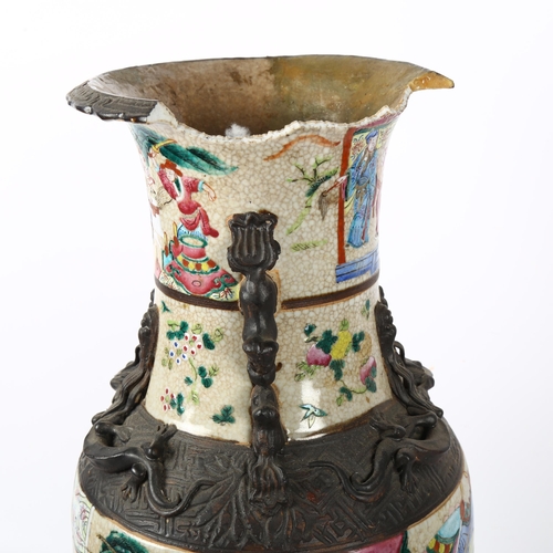 425 - A Chinese crackle glaze vase, with painted figures, H46cm (A/F), on wooden plinth