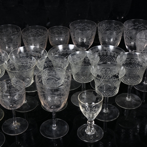 435 - A set of 11 goblets of various sizes, with etched grapevine decoration, tallest 14cm, and Edwardian ... 