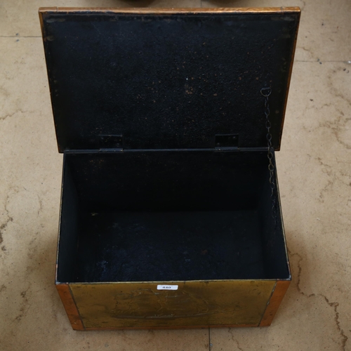 440 - A Vintage copper kindling box with maritime decoration, length 46cm, height 39cm, depth 31cm