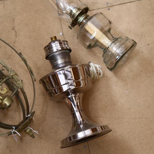 441 - A Vintage brass and painted metal hanging pendant light fitting, and 2 oil lamps