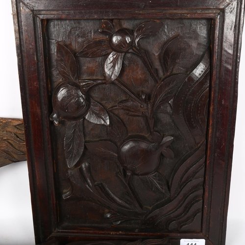 444 - An Antique carved panel with designs of quince, 39.5cm, and a pair of carved panels with inlaid deco... 