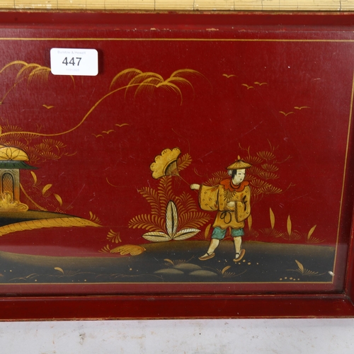 447 - A religious framed woolwork panel, and an Oriental tea tray with painted scene, L58cm