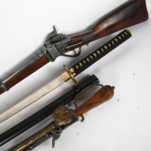 451 - A reproduction Japanese sword in scabbard, an ornamental rifle, and a knife, L63cm (3)