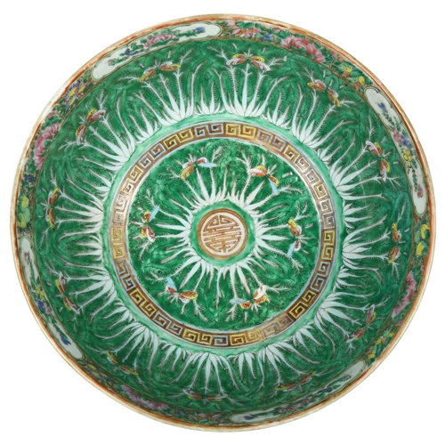 456 - A green ground Chinese bowl with stylised floral decoration, diameter 33cm