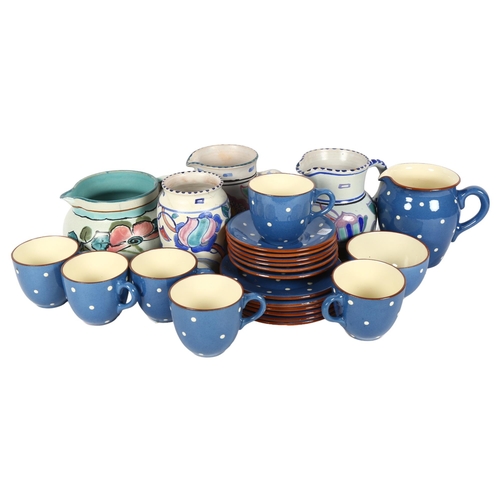 459 - Dartmouth Pottery tea service in blue with polka dot decoration, 3 Honiton Pottery jugs, and a vase