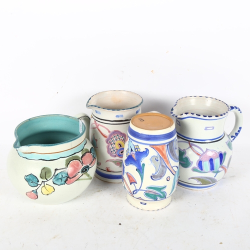 459 - Dartmouth Pottery tea service in blue with polka dot decoration, 3 Honiton Pottery jugs, and a vase