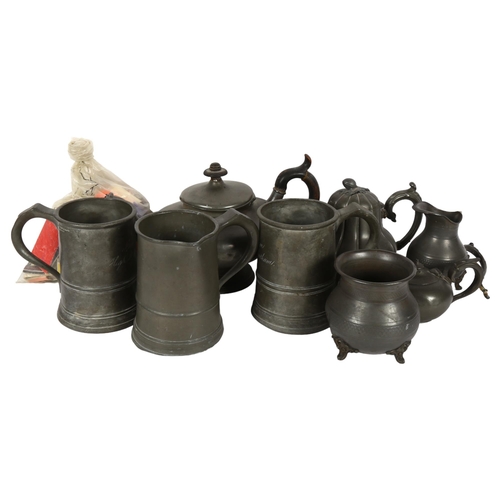 460 - A group of Antique pewter, including a side-pouring jug, H15cm, and 3 teapots, and a bag of matchboo... 