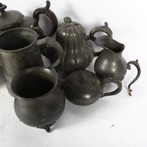 460 - A group of Antique pewter, including a side-pouring jug, H15cm, and 3 teapots, and a bag of matchboo... 