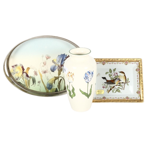 462 - A painted ceramic tray with silver plated gallery, Limoges dish with bird decoration, and a Tiffany ... 