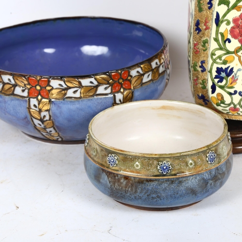 472 - 2 Doulton bowls, largest 25cm, a Continental bowl with white metal mounts, and a ceramic lamp and sh... 