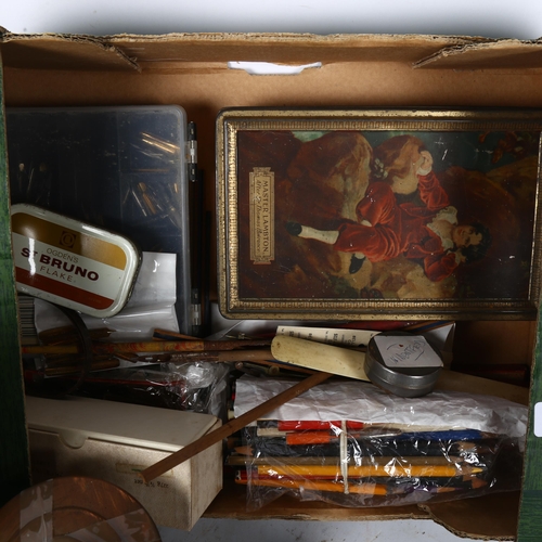 473 - A box of British maps, and a box with pencils, caddy, desk bell etc