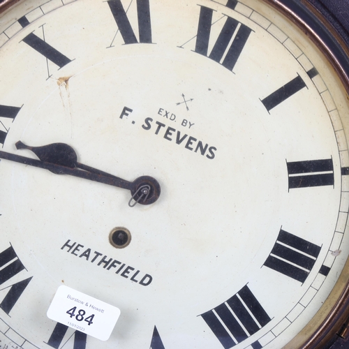 484 - A pine-cased 8-day wall clock, by F Stevens of Heathfield (no key or pendulum), dial diameter 27cm