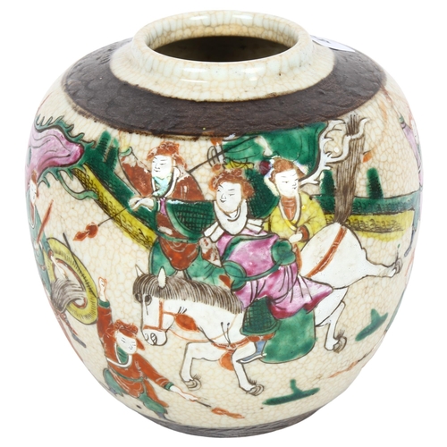 488 - A mid-20th century Chinese crackle glaze porcelain ginger jar, jar decorated with warrior scenes, gi... 