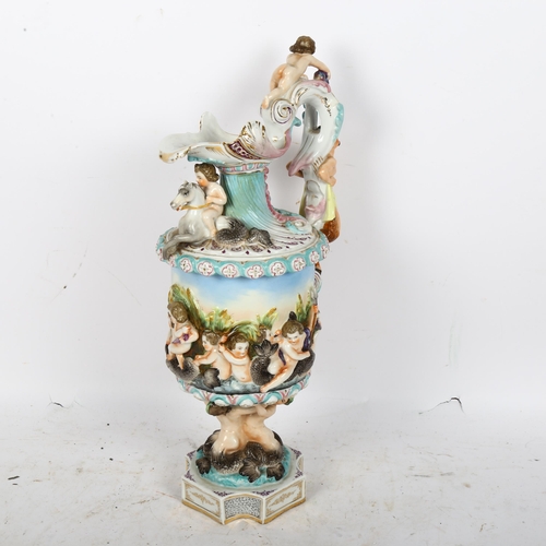 494 - A Victorian Italian figural porcelain ewer, stamped AR to the bottom, with high relief hand painted ... 