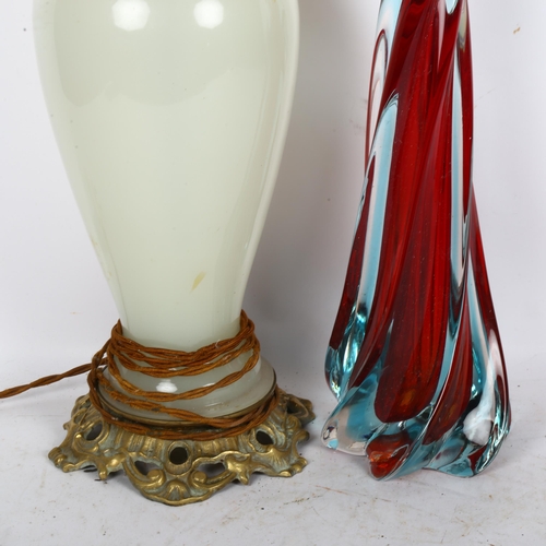 495 - A milk glass Art glass table lamp, and 1 other, largest height 50cm