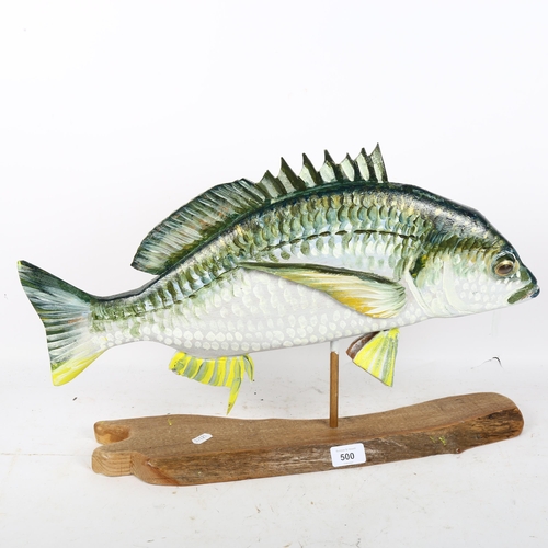 500 - Clive Fredriksson, a study of a fish mounted on a plinth, L53cm, H36cm