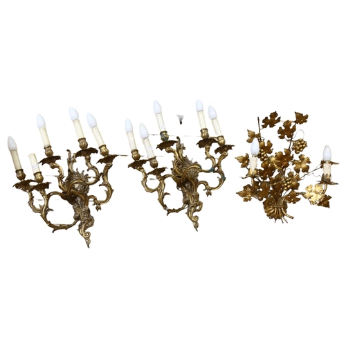 549 - A pair of gilded brass 5-branch wall sconces, with candle fittings, and a gilt-metal acanthus leaf w... 