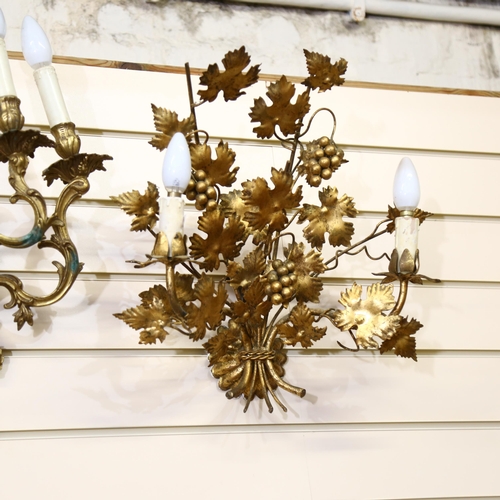 549 - A pair of gilded brass 5-branch wall sconces, with candle fittings, and a gilt-metal acanthus leaf w... 