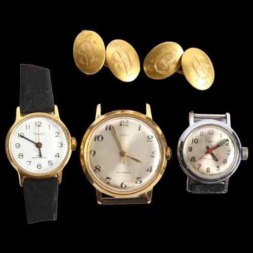 855 - A pair of unmarked yellow metal cufflinks with monogramed panels, 2 lady's wristwatches, and a gent'... 