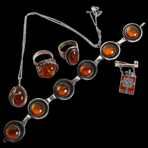 857 - Various Danish silver and amber jewellery, to include 2 rings, a bracelet, a necklace, a Georg Jense... 