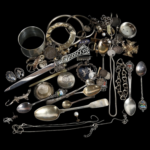 874 - A box of various silver and plated ware, including costume jewellery, bangles etc