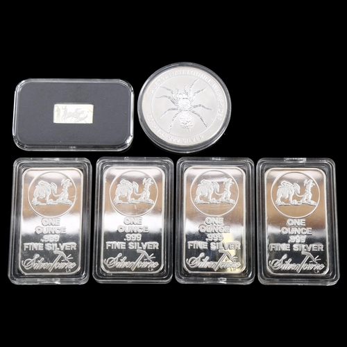 889 - 4 x 1oz fine silver ingots, an Elizabeth II Australian silver dollar, and a commemorative silver 50 ... 