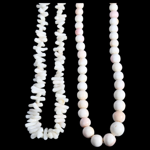 890 - A graduated coral bead necklace with a 9ct gold clasp, length 52cm, and a bleached coral necklace wi... 