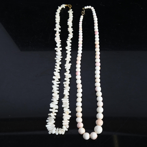 890 - A graduated coral bead necklace with a 9ct gold clasp, length 52cm, and a bleached coral necklace wi... 