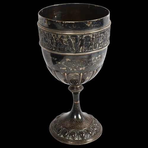 903 - A large Victorian silver chalice, fluted bowl with an embossed band of figures, height 19.5cm, hallm... 