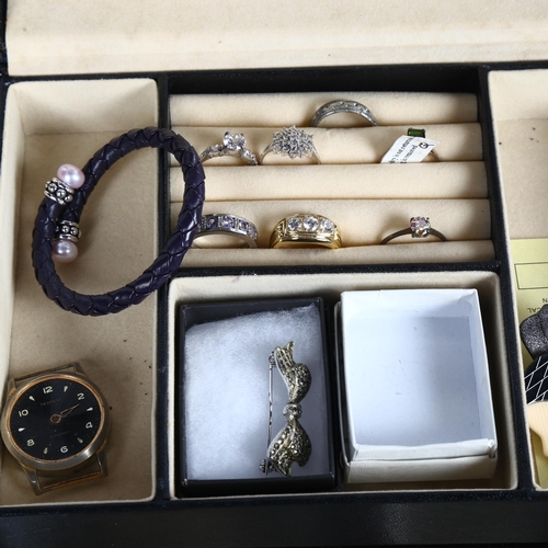 905 - Various costume jewellery, to include 2 silver stone set ring, marcasite brooch and bracelet etc, in... 