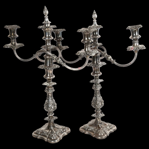 914 - A large pair of Antique silver plate on copper 2-section 2-branch table candelabras, H45cm