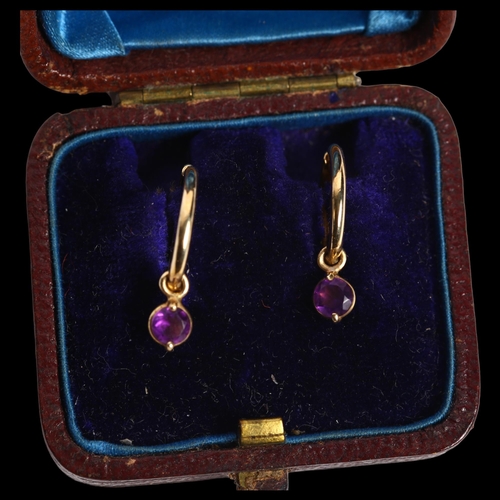 915 - A pair of 14ct gold hoop earrings, with amethyst drops, 1.7g total