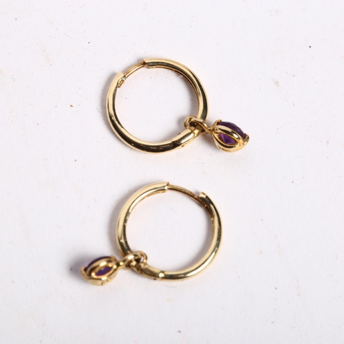 915 - A pair of 14ct gold hoop earrings, with amethyst drops, 1.7g total