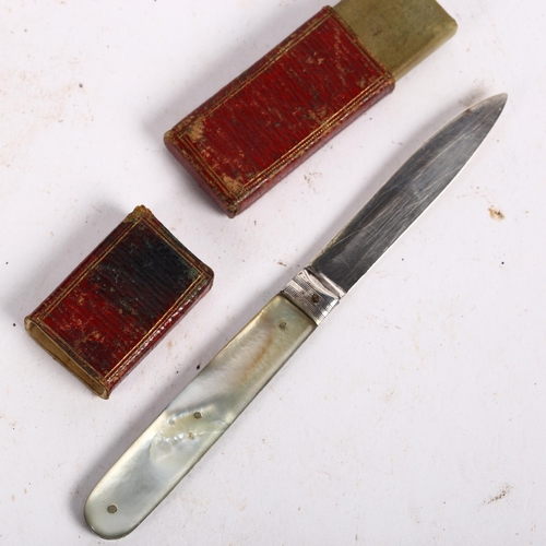 916 - WITHDRAWN - A William IV mother-of-pearl and silver-bladed fruit knife in original leather case