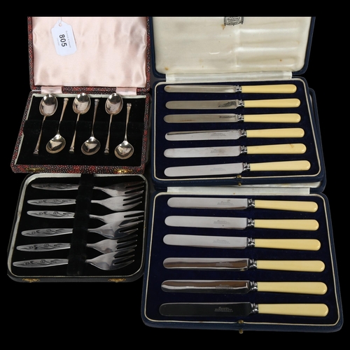 805 - A cased set of 6 silver coffee spoons, and 2 cased sets of butter knives, retailed by Harrods