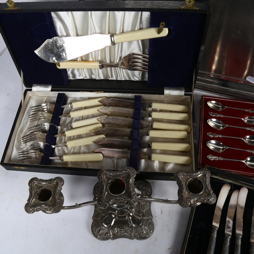 807 - An Art Deco cased set fish cutlery with servers, a set of 9 silver pistol-grip knives, a cased set o... 