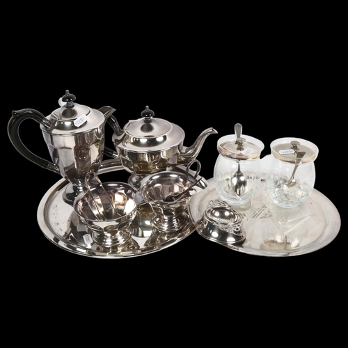 808 - A Sheffield plate 4-piece tea and coffee set on tray, pair of preserve jars and covers, a commemorat... 