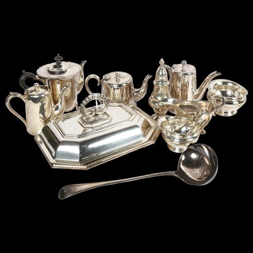 809 - Various silver plated teaware, including hotel plate, entree dish and cover, large ladle etc