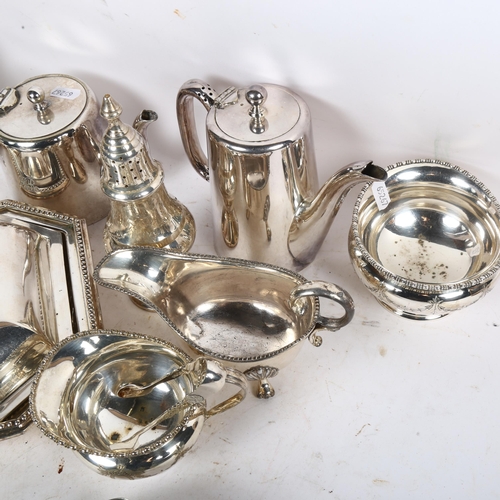 809 - Various silver plated teaware, including hotel plate, entree dish and cover, large ladle etc