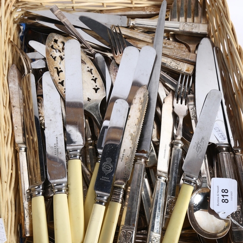 818 - A quantity of mixed plated cutlery, including ivorine-handled, cased fish servers etc