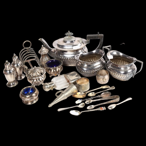 819 - A 3-piece tea set of half fluted form, various cruets, a small hip flask with plated cup etc