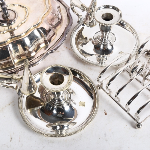 825 - Various silver plate, including pair of chambersticks, toast racks etc