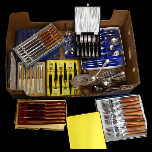 833 - A quantity of plated cutlery, cased cutlery, fish service etc (boxful)