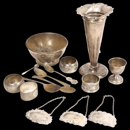 845 - A group of silverware, to include a trumpet vase, napkin rings, bowl etc, a Chinese sterling silver ... 