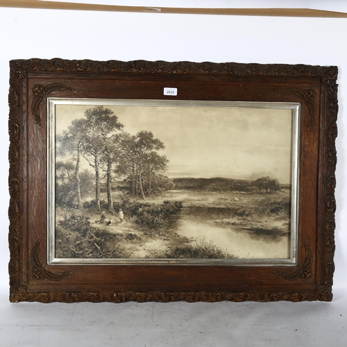 2830 - A Victorian oak and gesso picture frame, with applied decoration, 70cm x 95cm